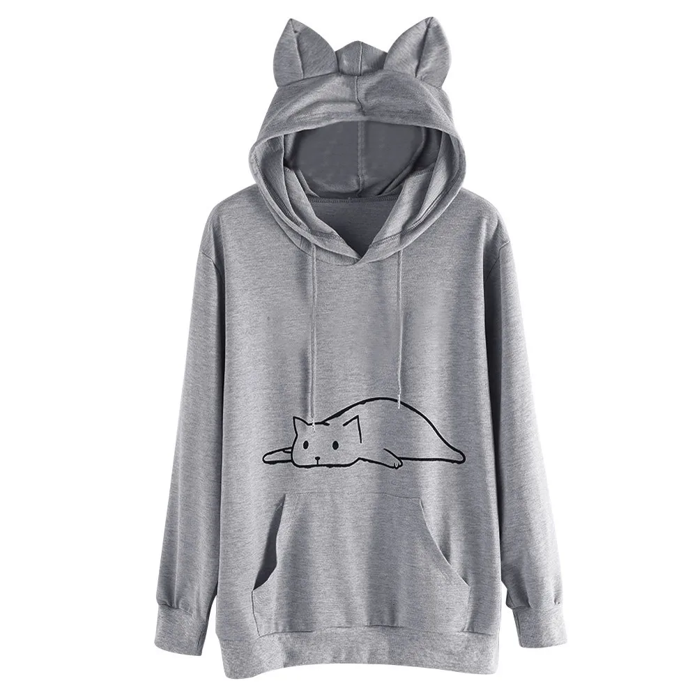 Осенняя модная толстовка с кошачьими ушками Bluza Damska Женская однотонная блузка