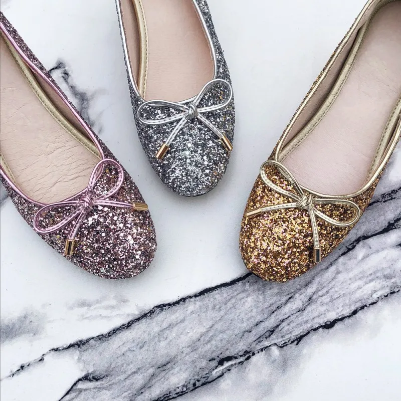 

Moraima Snc 2019 The New Sequined Bling Round Toe Bow-knot Lady Shoes 5cm Heels Shallow Female Single Shoes Dancing Party Shoes