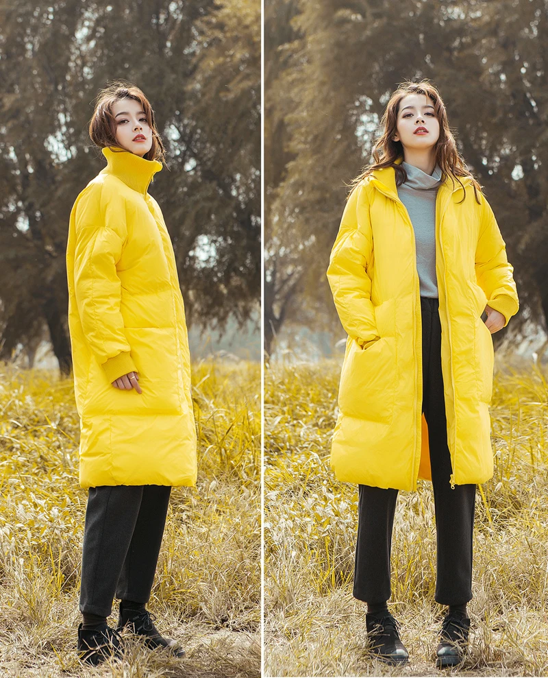 YNZZU Winter Yellow Women's Down Jacket Casual Long Duck Down Coat Women Stand Collar Warm Fluffy Female Jacket YO721