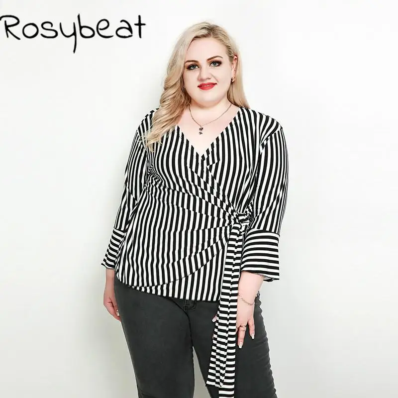 

Long Sleeve Shirt Blouse Women Plus Size Clothes 4XL 6xl V neck Flare Sleeve Tunics Office Lady Work Peplum Tops Vetical Stripe