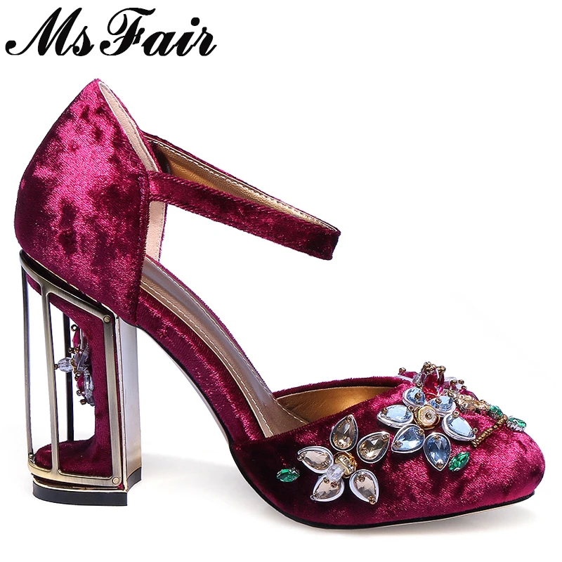Femmes Chaussures pourpre Décoration Sandales Boucle Hauts Métal Fleur Msfair Femme Talons Mode Noir En rouge Cristal Marque qtn7ZfwPp