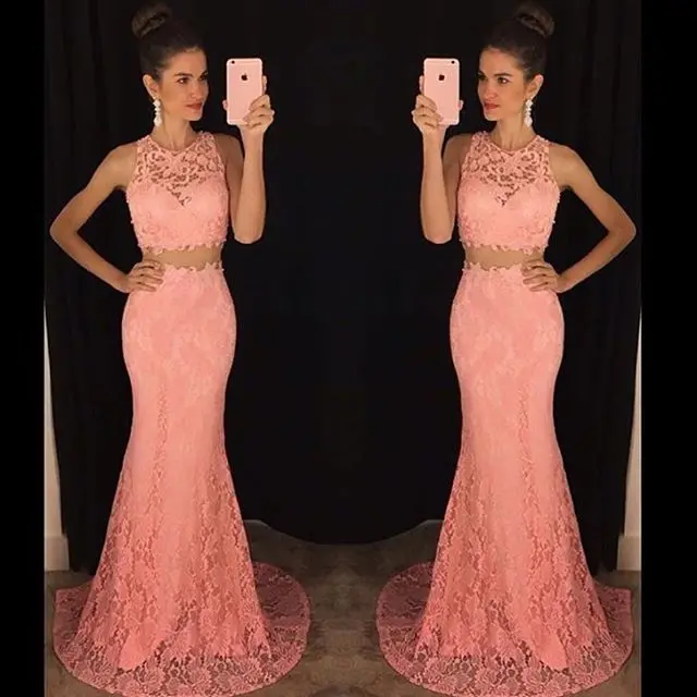 

Coral Two Pieces Mermaid Long Prom Dresses 2016 Sleeveless O Neck 2 Pieces Teens Formal Evening Wear Prom Party Gowns Cheap