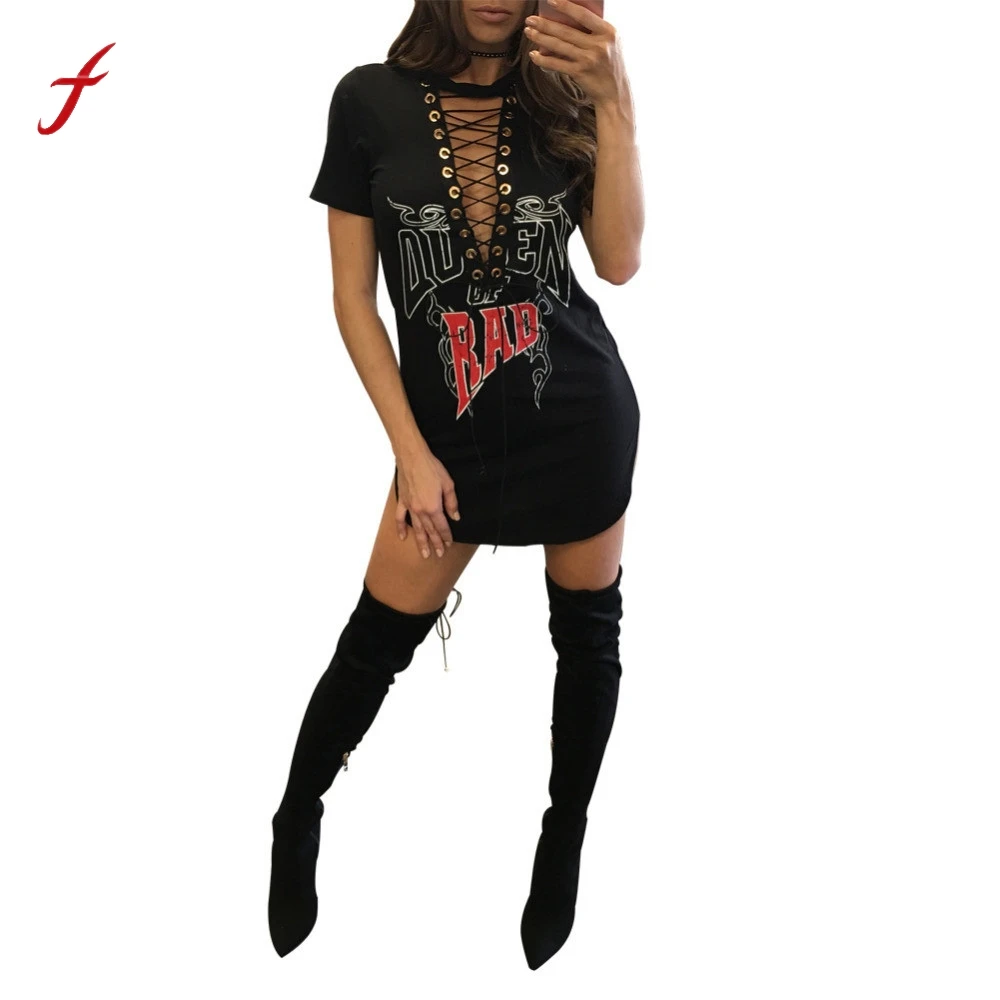 

MUQGEW Sexy Women Deep V Neck Bandage Short Mini Dresses Summer Fashion Women Dress Ladies Short Sleeve Print Bodycon Dress
