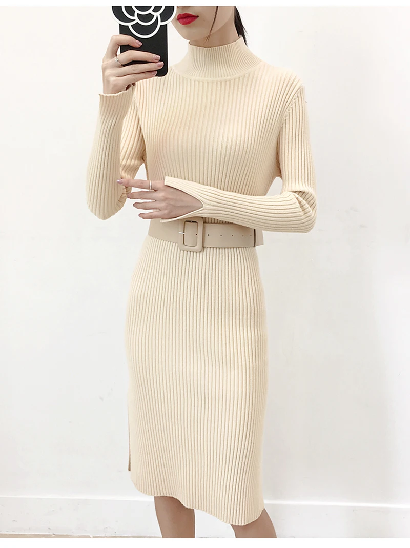Повседневное водолазка разделение рукавом для женщин платья свитеры зимние женские пояса Bodycon вязаное платье 2018 трикотажные пуловеры