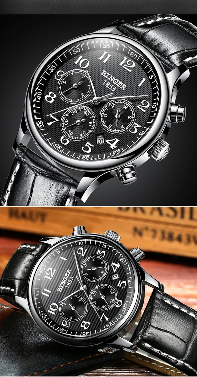 Швейцарские BINGER механические мужские часы с шестью иглами, лучший бренд класса люкс, нержавеющая сталь, три небольших циферблата, автоматические мужские часы