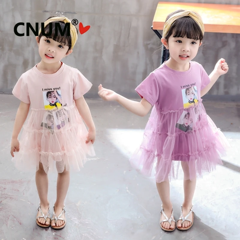 

CNUM 1-7 Years Summer Toddler Girls Mesh Dresses Print Girl Princess Dress Fashion Kids Clothing