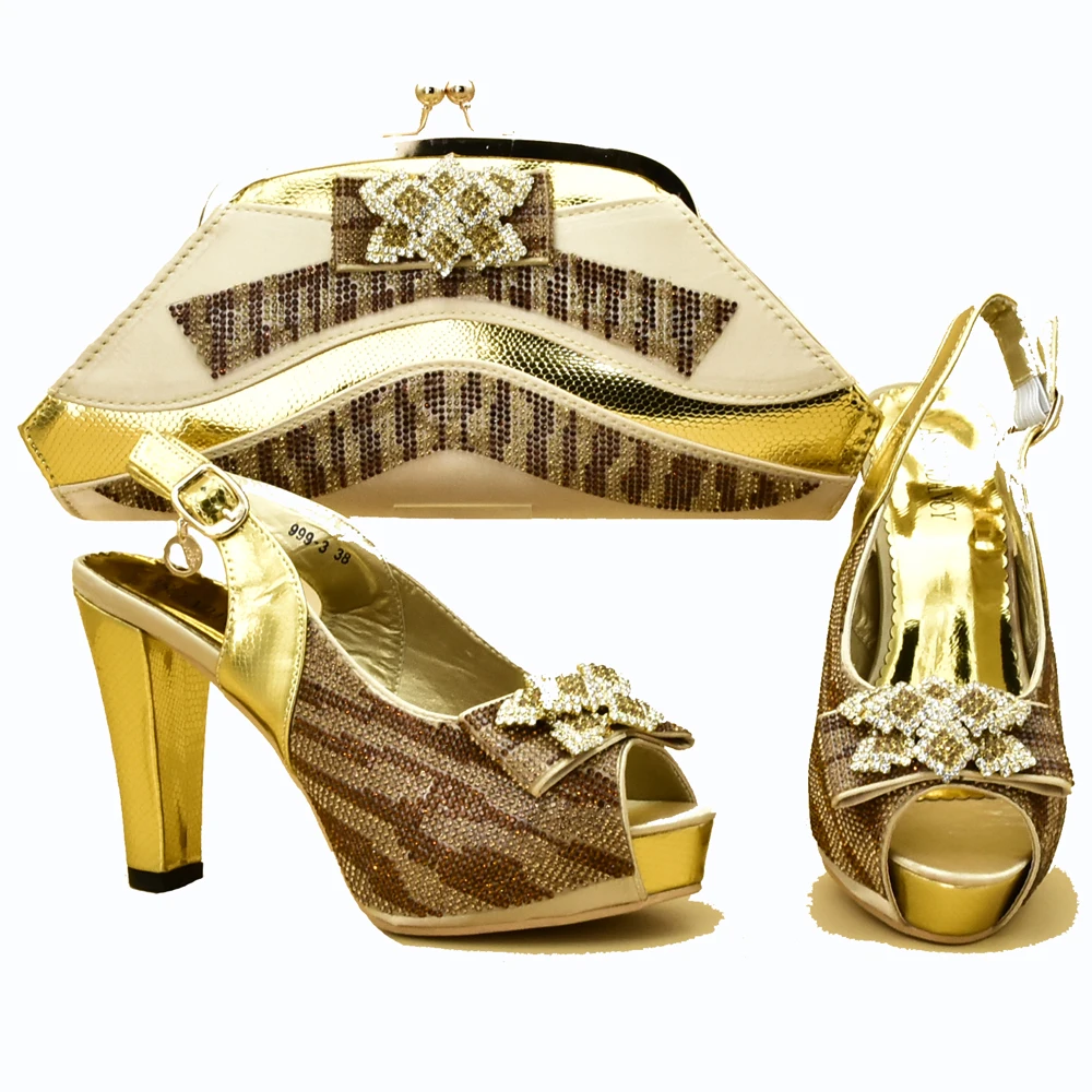 

Gold fashion new arrival italian shoes and bag set for african aso ebi party lady sandal and clutches bag with stones SB8320-2