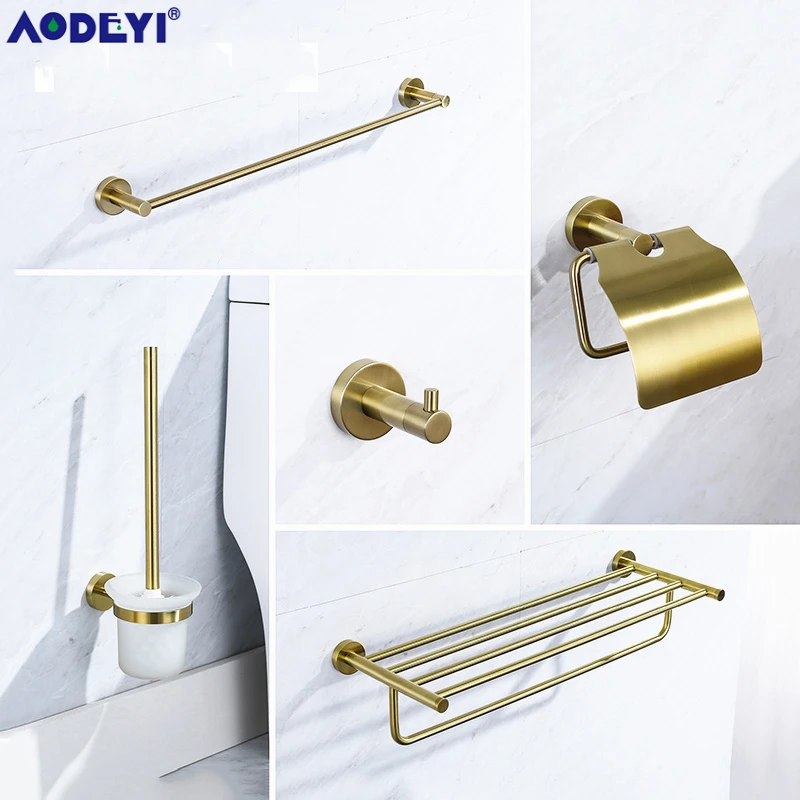 Bathroom Hardware Set Brushed Gold Robe Hook Towel Rail Rack Bar Shelf Paper Holder Wall Mount Bathroom Accessories SUS 304