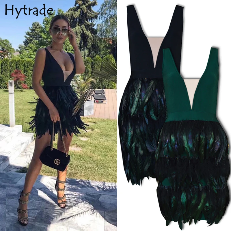 

2019 New Arrivals Party Premium Bandage Dress Plunge Neckline Deep V Neck Mesh Detaisl Black Green Feathers Bandage Mini Dresses