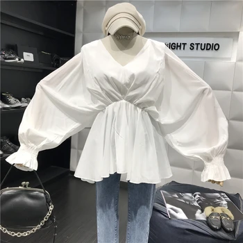 

2019 New Spring Fashion Medium-long Pullovers Women's Tops Elegant V Neck Loose Batwing Sleeve Blouses Female Shirts