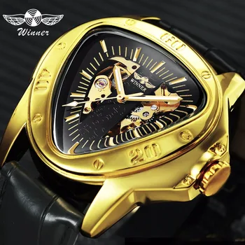 WINNER Official Sports Automatic Mechanical Men Watch Racing Triangle Skeleton Wristwatch Top Brand Luxury Golden + Gift Box