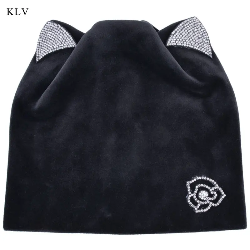 KLV New Womens Autumn Winter Flower Sweet Cat Ear Head Hat Velvet Warm Skullies Cap With Shiny Rhinestone Cute Sheathing Bonnet - Цвет: BK