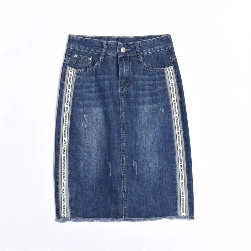 

Free Shipping 2018 New Women's Summer Jeans Skirt Office Lady knee Length Denim Blue Burst straight Letter Skirt Plus Size 26-40