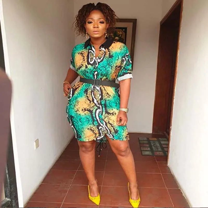 

African Clothing Office Lady Snake Printed Dress Long Sleeve Black Turn-down Collar Knee Length Dress With Black Belt High Quali