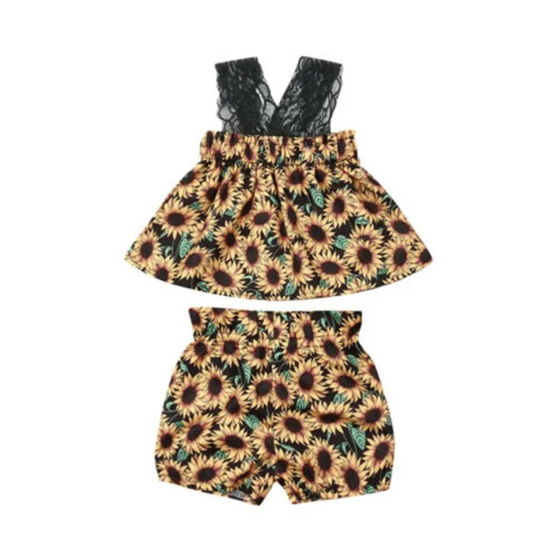 

Summer Lovely Infant Baby Lace Sunflowe Casual Pullover T-Shirt+Shorts 2PCS Floral Outfit Vacation Sunsuit 3-18M