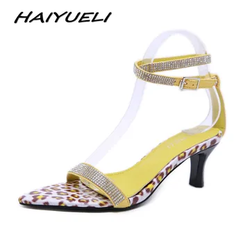 

HAIYUELI Sexy Women High Heels Sandals Shoes Woman Ankle Strap Crystal Party Wedding Pointed Toe Leopard Sandals Pumps Stilettos