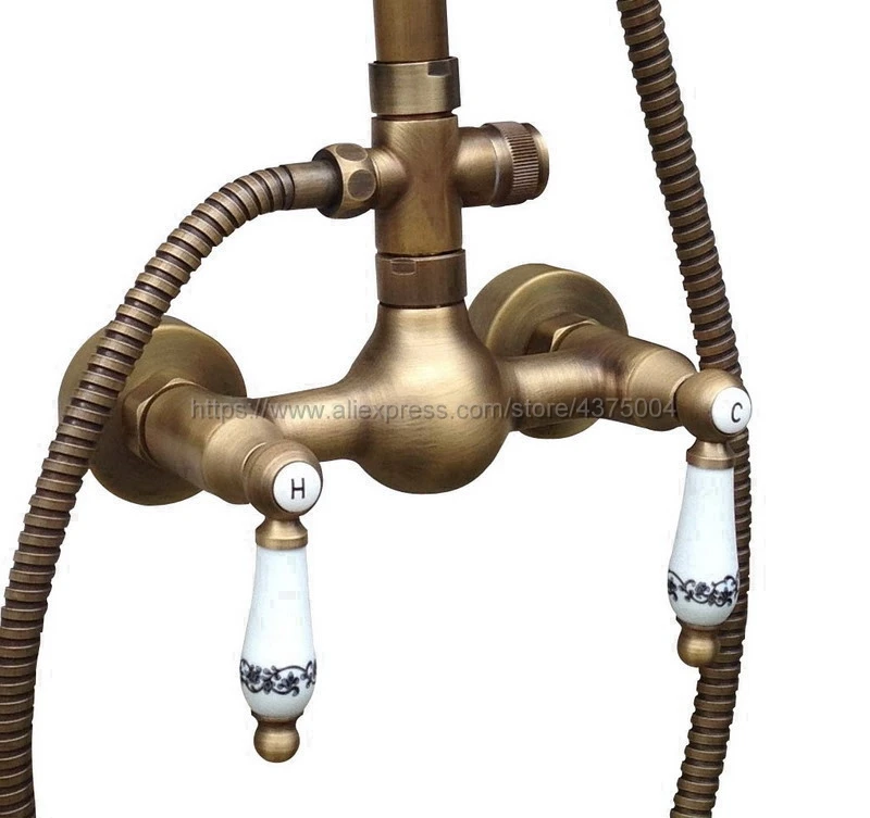 Antique Brass Bathroom Rainfall Shower Faucets Set Double Handle Mixer Tap Wall Mounted Bath Showers Sets Nan510