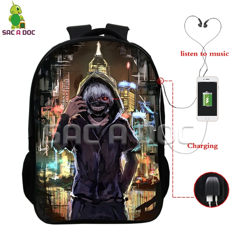 أنيمي طوكيو الغول Kaneki كين متعددة الوظائف على ظهره للمراهقين USB شحن سماعة جاك محمول على ظهره المدرسة السفر أكياس أنيمي طوكيو الغول Kaneki كين متعددة الوظائف على ظهره للمراهقين USB شحن سماعة جاك محمول على ظهره المدرسة السفر أكياس
