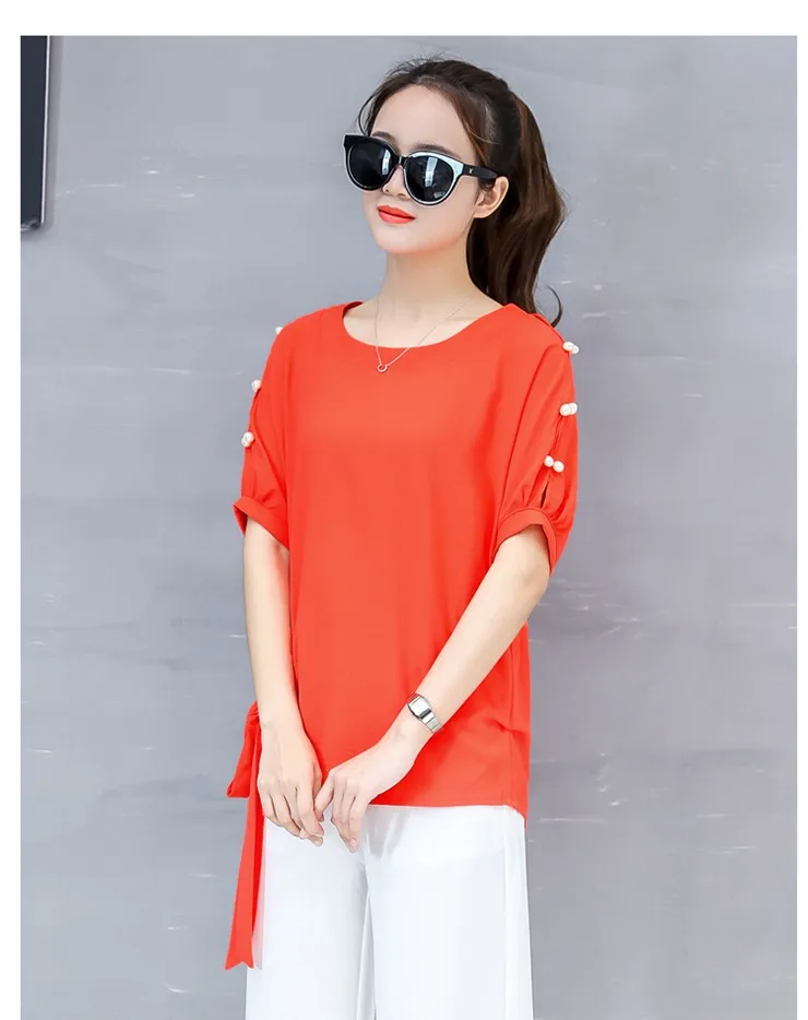 2018 New Arrival Chiffon Blouses Women Shirts Plus Size Beading Tops Female Fashion Short Sleeve O-neck Blusas Femininas  (8)