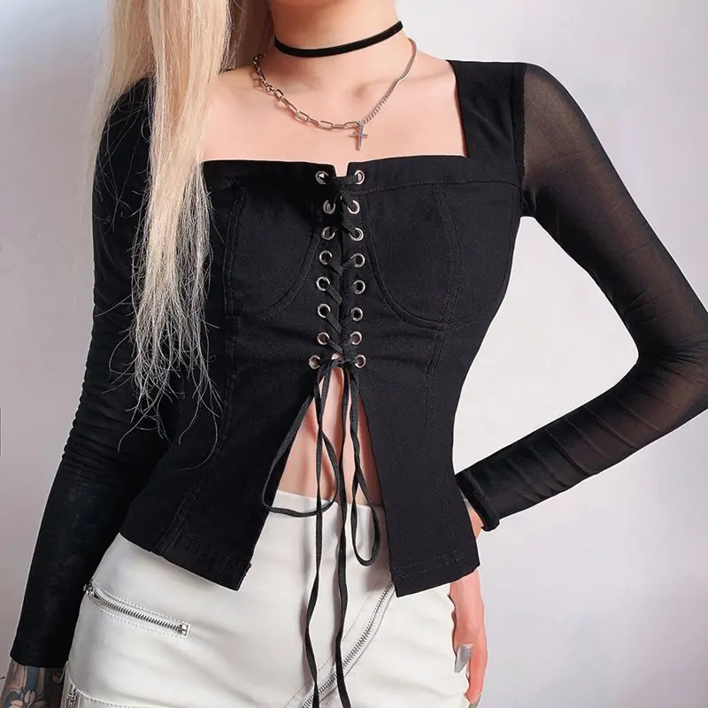 

Sexy Tshirt Women See Through Mesh Long Sleeve T Shirt Spring Autumn Gothic Top Black Lace Up Hollow Slim Club Ladies