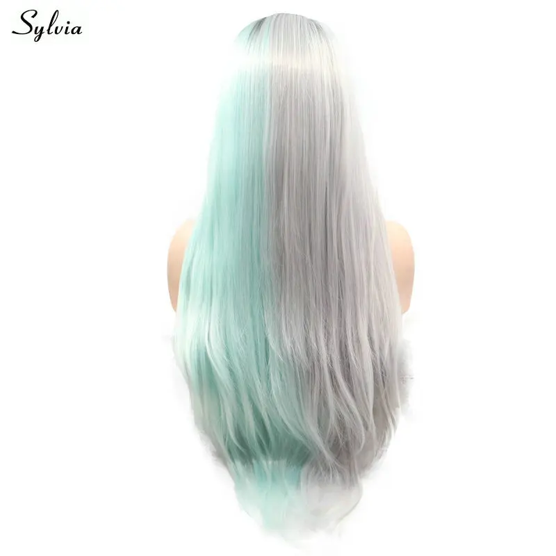 

Sylvia Mermaid Wig Dark Roots Ombre Half Pastel Grey Half Green/Half Pink Synthetic Lace Front Wig Women Party 3 Tone Hair