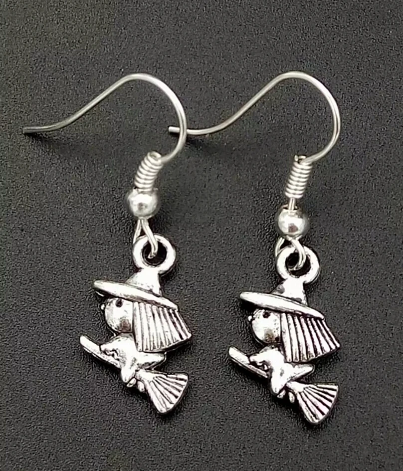 10 pcs Antique Silver Plated Witch broom Dangle Earrings Witch Drop