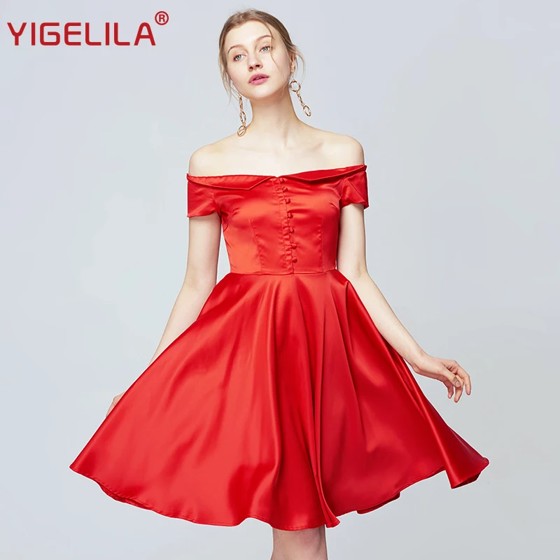 

YIGELILA Fashion Women Off Shoulder Party Dress Summer Solid Slash Neck Empire Slim Knee Length A-line Big Hem Red Dress 62592