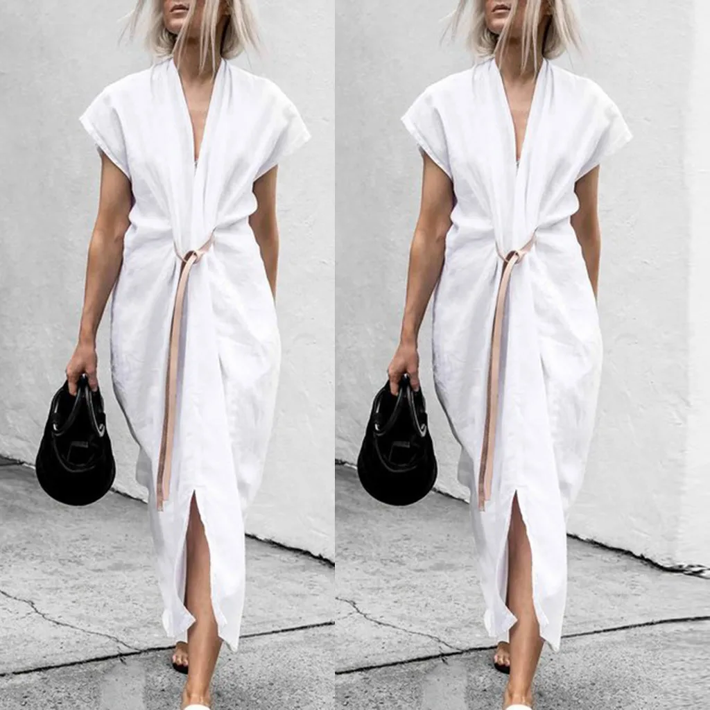 

2019 Women Summer Formal Full Length Short Sleeve V Neck Belted Shirt Dress vestidos robe femme party dress vestidos de verano