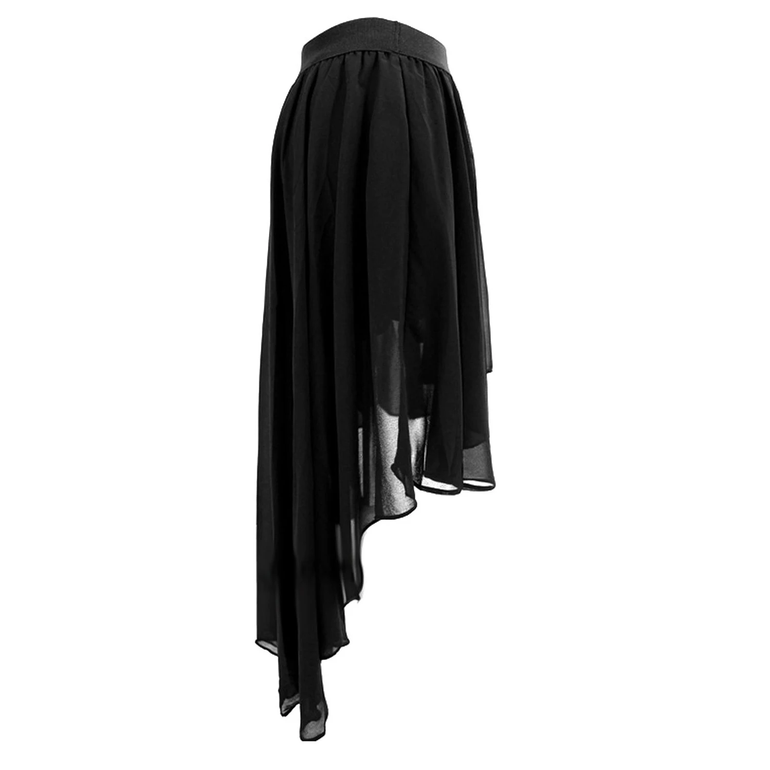 Women Elastic Waist High Low Hem Chiffon Midi Skirt Black Mmidi skirt