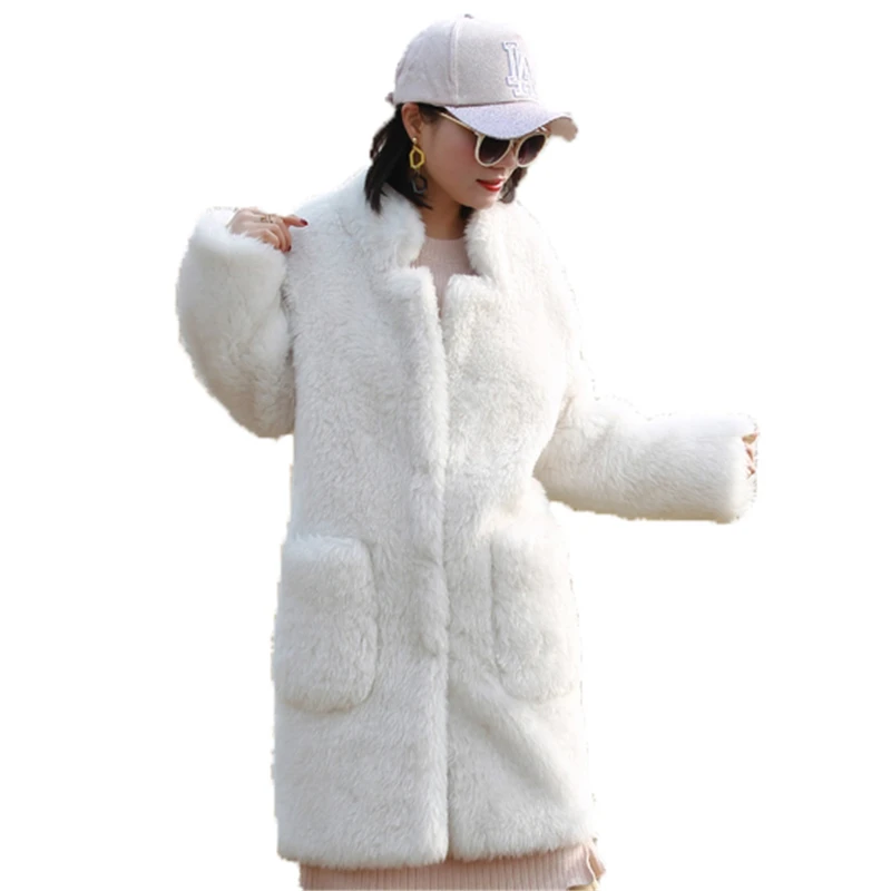 Kw150 milk Dame Section Fourrure Manteau De Solide Lâche Debout Col Femelle Poche White Veste Hiver Pardessus Longue Kulazopper Laine Automne Chaud Brown Uf4Rq