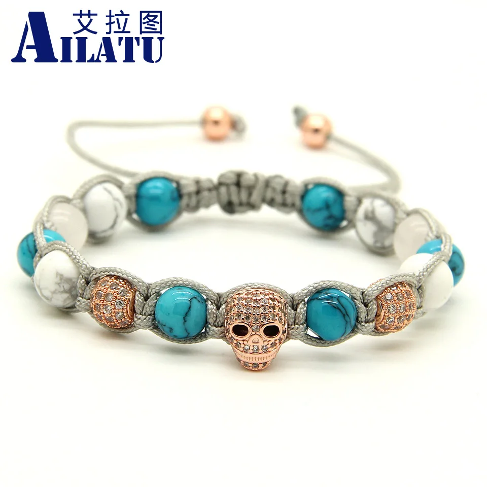Ailatu 8 мм белый Howlite камень прозрачный CZ Сердце Череп Плетеный Европейский