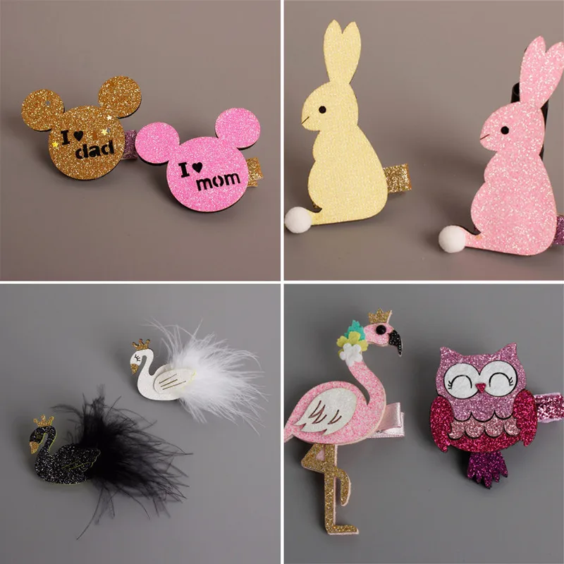 

1pc Glitter Rabbit Hair Clip Cartoon Mouse Girl Hairpin Sparkly Flamingo Bird Barrette White Black Swan Kid Gift Owl Hair Grip