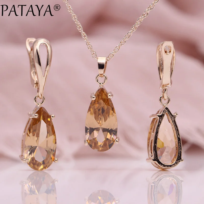 PATAYA New Blue Water Drop Earrings Pendants Necklaces Sets 585 Rose Gold Natural Zircon For Women Fashion Wedding Jewelry Set - Окраска металла: Champagne