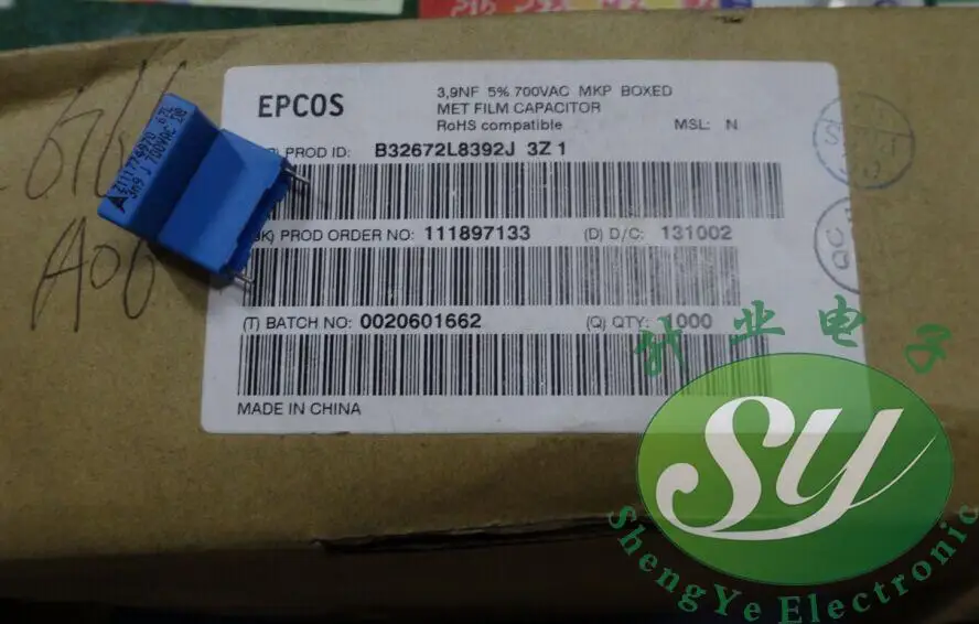 2019 горячая распродажа 20 шт/50 шт EPCOS 0 0039 мкФ/700vAC 3.9nf 3900pf 3n9 392 Новый B32672L8392J Бесплатная