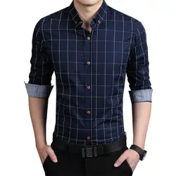 Известный бренд сетки отличное качество рубашки модные Для мужчин одежда тонкий длинный рукав плед плюс Размеры Camisa Masculina хлопковые