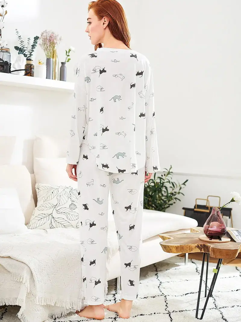 Caiyier, Весенняя Осенняя Пижама, набор для женщин, с длинным рукавом, с милым мультяшным котом, белая Пижама, ночная рубашка, Повседневная Домашняя одежда, пижама