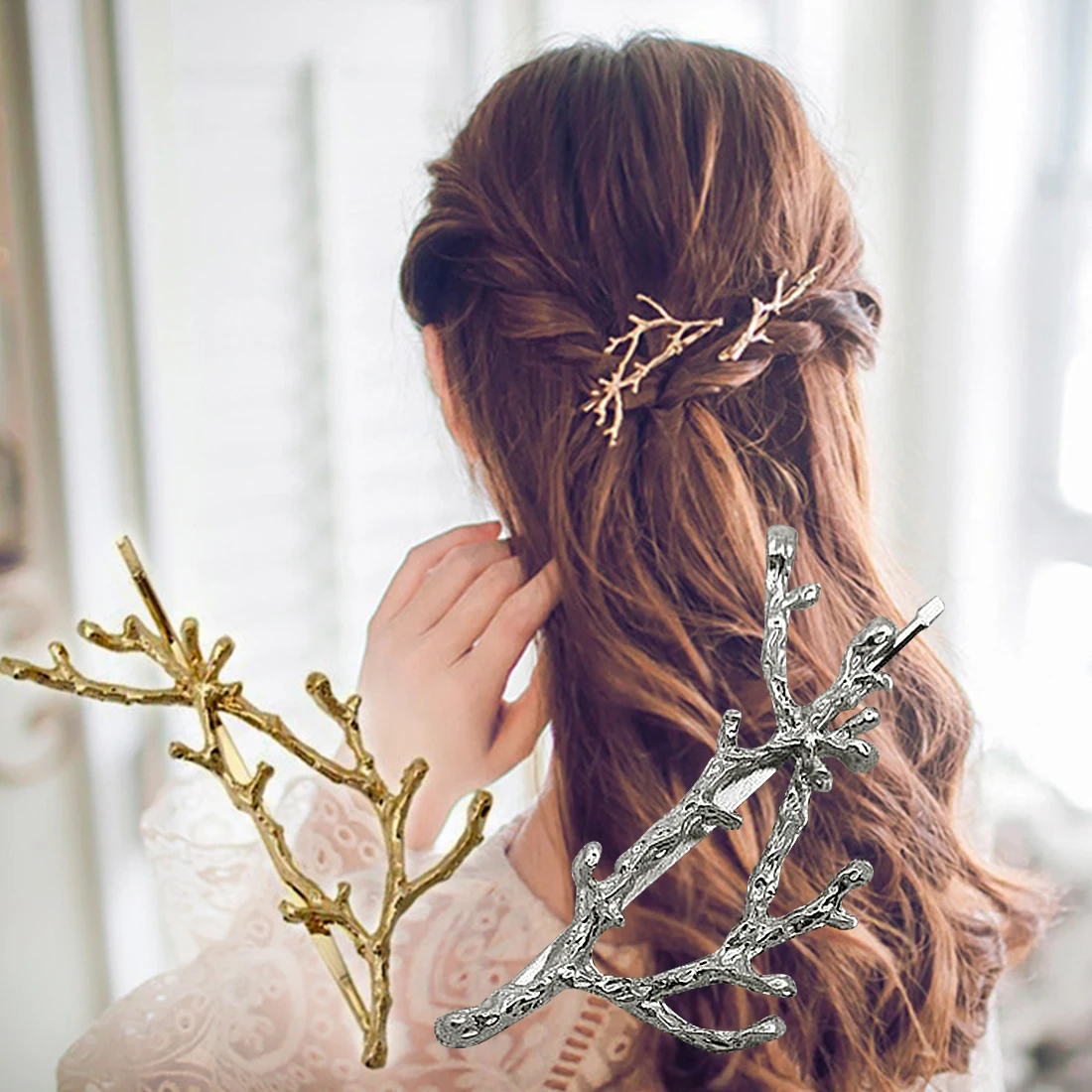

1PC branch leaf hairpin metal antler pin styling tool invisible line no hair extension secret fish line wig silky straight hair