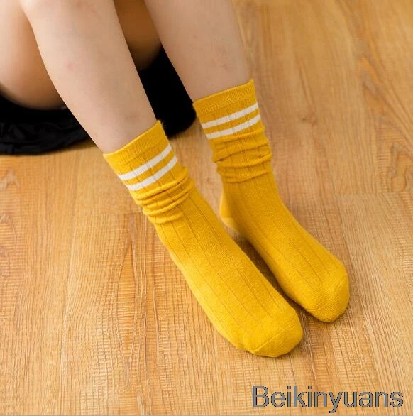Детские гольфы высокие носки для девочек, полосатые хлопковые спортивные белые носки для старшей школы детские теплые гольфы для катания на коньках - Цвет: Yellow