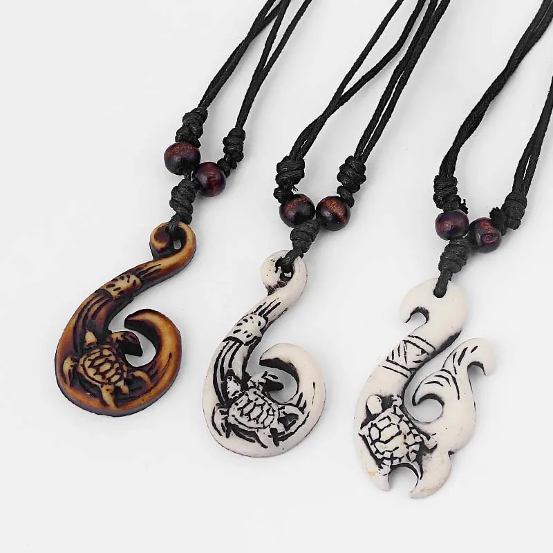 

Wholesales Faux Yak Bone Hawaiian Style Hook Carved Sea Turtle Leaf Pendant Necklace Surfer Adjustable Jewellery