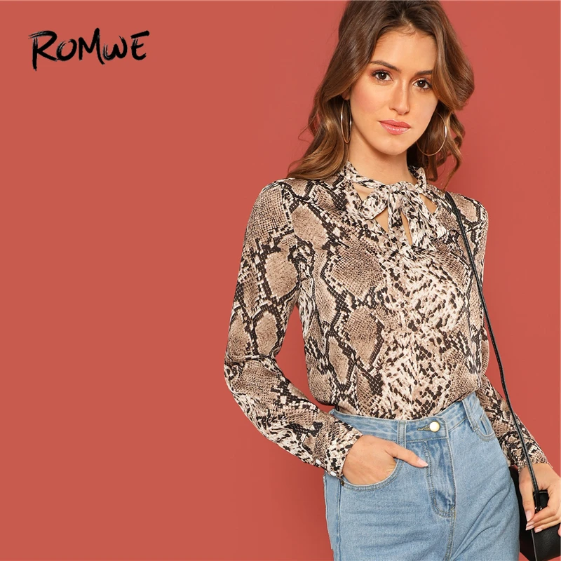 

ROMWE Tie Neck Snake Skin Print Blouse Shirt 2019 Women Fashion Stand Collar Female Long Sleeve Sexy Spring Autumn Cool Top