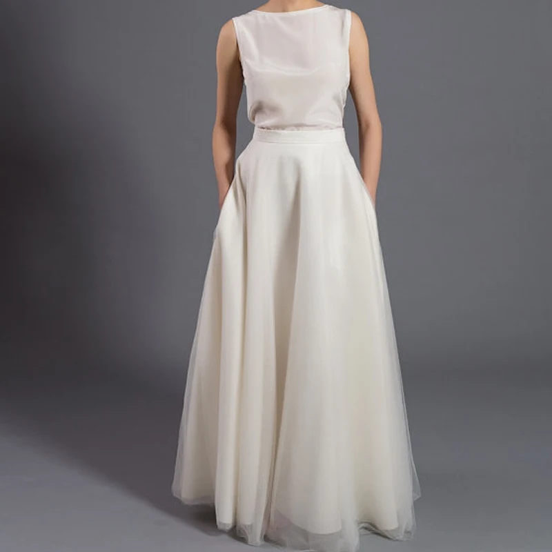 

2016 Elegant Long Soft Tulle Skirts With Pockets High Quality Floor Length Tutu Skirt Zipper Style Women Wedding Party Skirt
