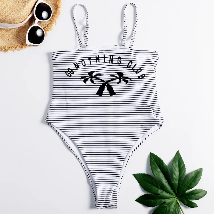 

Summer Beachwear Sexy Bandeau One Piece Women Swimsuit Stripe Fashion Swimwear Bathing Suits Plam Tree Print Bodysuit Monokini