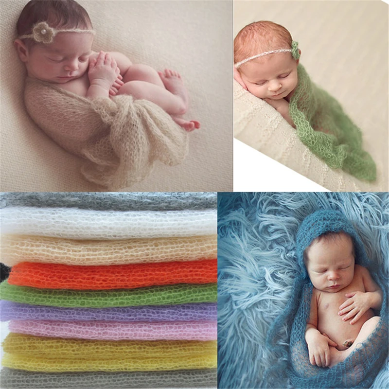 

Newborn Baby Mohair Blankets Wrap With Headband Girl knitting crochet Costume Infant Photography Props Photo Blankets Mohair
