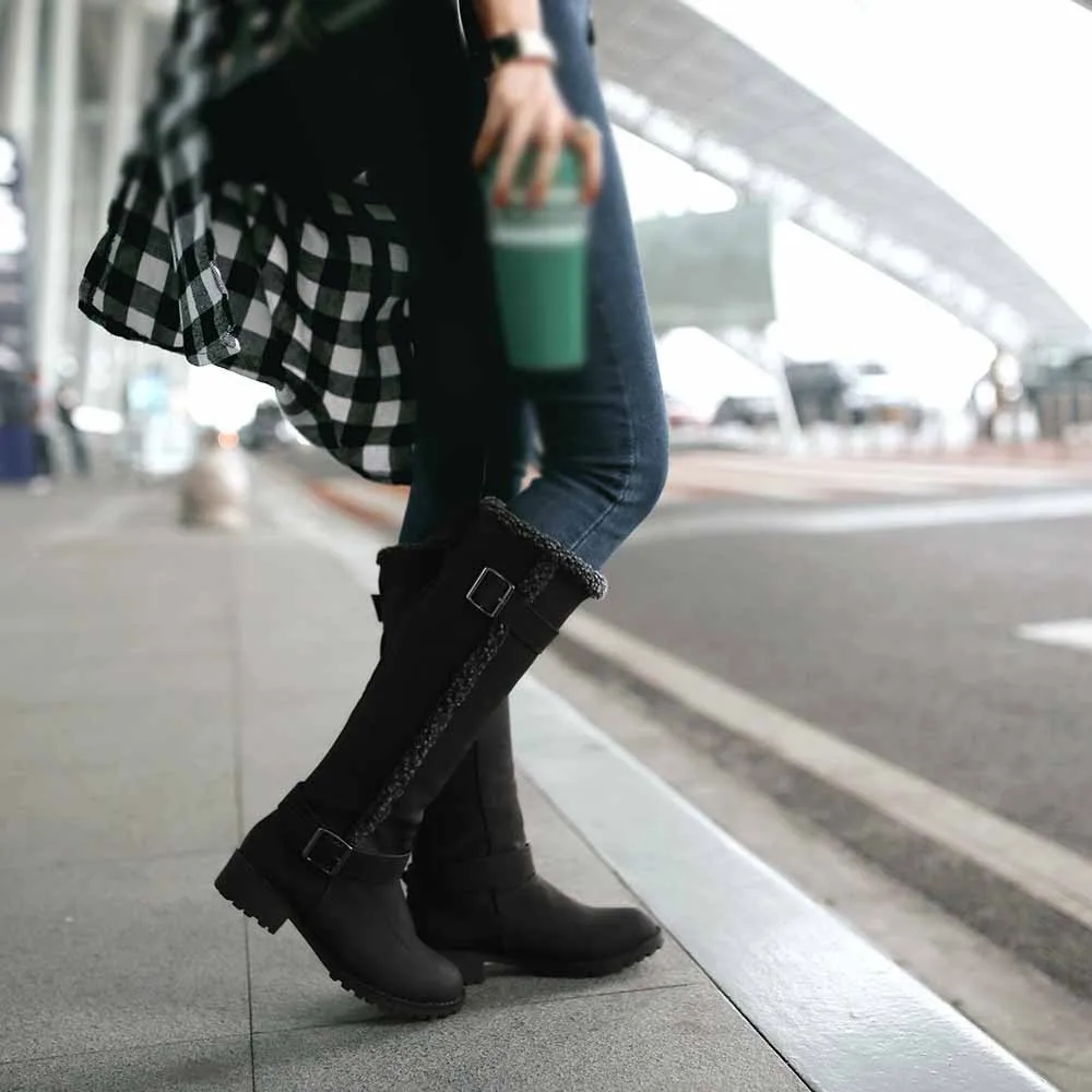 Motorcycle Boots Suede For Women Winter Boot Long Tube Stylish Mid Heels Warm Fur Knee-High Shoes Buckle Strap Riding Botas