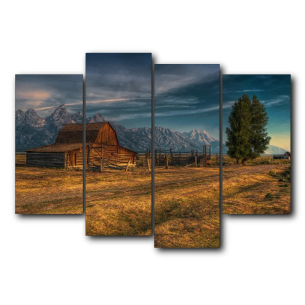 

Natural Landscape House Trees Sky Mountains No Frame Vintage Canvas Oil Painting Wall Artwork for Home Decor Wedding Decoration