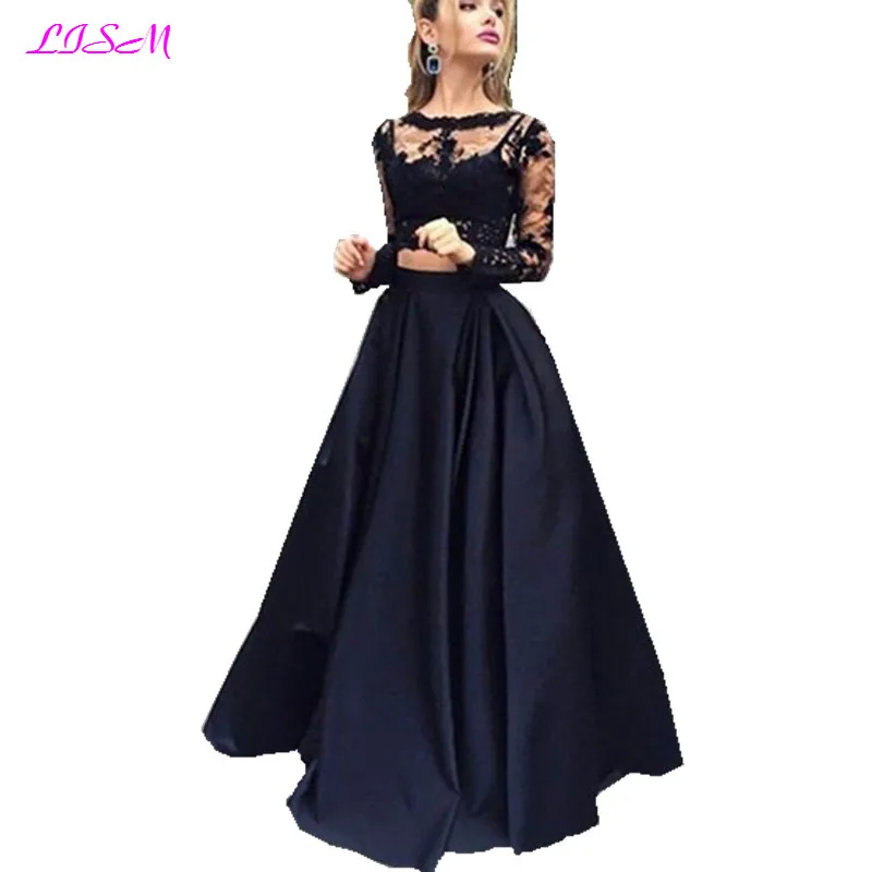 

LISM Two Pieces Prom Dress Scoop Long Sleeves Satin Evening Gown A Line Lace Appliques Top Graduation Dresses robe de gala