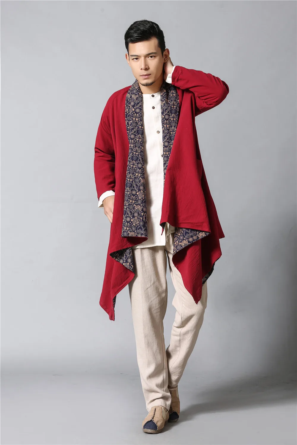 Народный стиль мужские новые зимние пальто одежда плащ с цветочным узором карман длинное пальто асимметричный подол модная одежда d155