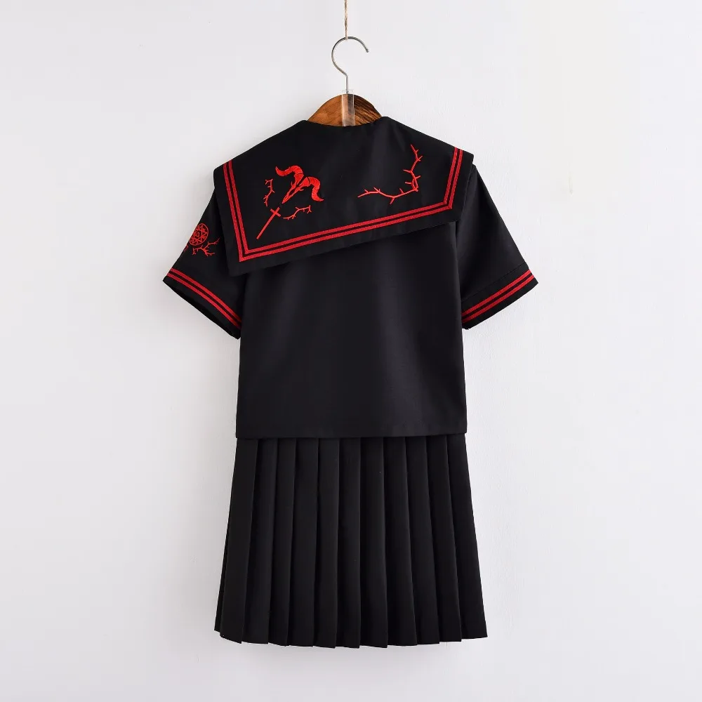 Черный горячий школьная форма для девочек Темный дьявол вышивка Jk наборы для ухода за кожей Японский Школьная форма косплэй студент коллаж