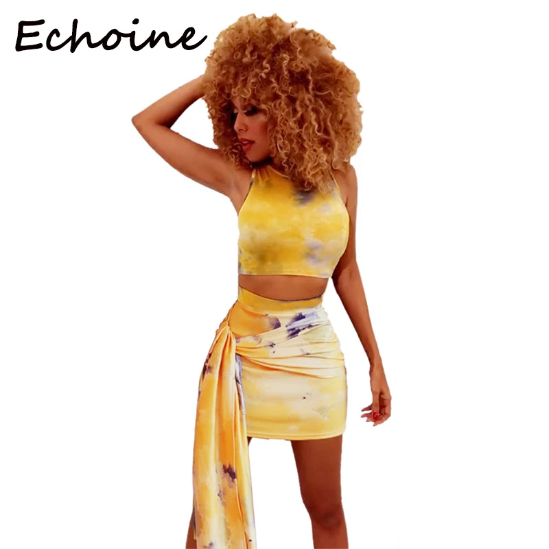 

Echoine Two Piece Set Tie Dye O-neck Sleeveless Top And Dress With Belt Mini Dress Summer Clothes For Women 2019 New Arrival