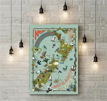 

Cartoon New Zealand Map Vintage Old Amazing Wall Art Sticker Living Room Bar Cafe Home Decor Canvas Print Painting